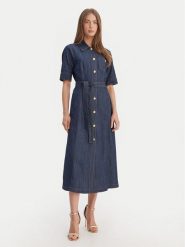 Luisa Spagnoli Sukienka jeansowa Periodico 542815 Granatowy Regular Fit. Niebieskie sukienki damskie Luisa Spagnoli, m, bez wzorów, z bawełny, bez kołnierzyka, bez ramiączek. Za 1,749.00 zł.