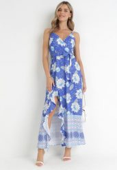 Niebieska Sukienka Maxi na Cienkich Ramiączkach i Materiałowym Paskiem Adakila. Niebieskie sukienki damskie Born2be, m, bez wzorów, z materiału, eleganckie, bez kołnierzyka, bez ramiączek, maxi. Za 64.99 zł.