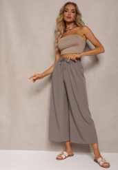 Szare Spodnie High Waist z Szerokimi Nogawkami z Wiskozą Wykończone Gumką w Talii Crisantas. Szare spodnie sportowe damskie Renee, bez wzorów, z jeansu, biznesowe, z podwyższonym stanem. Za 34.99 zł.