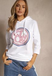 Biała Bluza z Kapturem Ozdobnym Nadrukiem i Rękawami 3/4 Saniressa. Białe bluzy damskie Renee, l, bez wzorów, z jeansu, biznesowe, bez ramiączek, z kapturem. Za 84.99 zł.