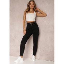 Czarne Jeansy Mom Fit z Paskiem Astera. Czarne jeansy damskie Renee, bez wzorów, z jeansu, eleganckie, z podwyższonym stanem. Za 119.99 zł.