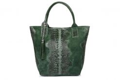 Shopper bag skórzany c. zielony croco L94. Zielone shopperki damskie z aplikacjami, z materiału, małe, zamszowe, bez dodatków. Za 230.99 zł.