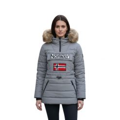 Kurtka zimowa damska Geographical Norway Belinda. Szare kurtki sportowe damskie Geographical Norway, na zimę, xl, z aplikacjami, bez ramiączek, z kapturem, narciarskie. Za 388.96 zł.
