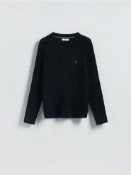 Sweter z warkoczowym splotem - czarny. Czarne swetry męskie Reserved, l, bez wzorów, z bawełny, bez kołnierzyka, bez ramiączek. Za 139.99 zł.