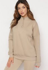 Beżowa Bawełniana Bluza z Półgolfem i Ściągaczem Themista. Brązowe bluzy damskie Born2be, bez wzorów, z bawełny, casualowe, bez ramiączek, bez kaptura. Za 89.99 zł.