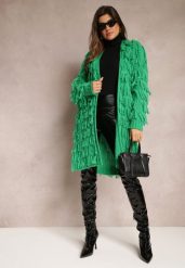Zielony Niezapinany Kardigan w Ozdobne Frędzle Massawa. Zielone kardigany damskie Renee, bez wzorów, eleganckie, bez kołnierzyka. Za 169.99 zł.