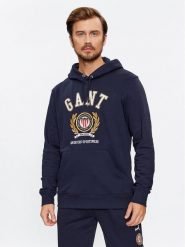 Gant Bluza Crest Hoodie 2006069 Granatowy Relaxed Fit. Niebieskie bluzy męskie GANT, l, bez wzorów, z bawełny, bez ramiączek, bez kaptura. Za 599.99 zł.