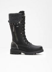 Kozaki sznurowane marki Mustang. Czarne kozaki damskie bonprix, bez wzorów, bez obcasa, bez zapięcia. Za 379.99 zł.