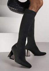 Czarne Eleganckie Kozaki VICES na Metalicznym Obcasie ze Skarpetkową Cholewką Nalaina. Czarne kozaki damskie Renee, bez wzorów, bez obcasa, na obcasie, bez zapięcia. Za 159.99 zł.