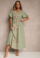Zielona Rozkloszowana Sukienka z Bawełny w Stylu Boho z Ozdobnym Haftem Sersena. Zielone sukienki damskie Renee, na co dzień, l, bez wzorów, z bawełny, boho, bez kołnierzyka, bez ramiączek, maxi, rozkloszowane. Za 89.99 zł.