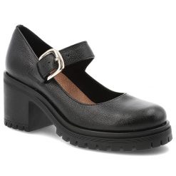 Półbuty damskie Armdo, na klocku skórzane eleganckie zapinane sprzączką z okrągłym noskiem, czarne, 20166. Czarne półbuty damskie Armodo, bez wzorów, ze skóry, biznesowe, z okrągłym noskiem, bez obcasa, na słupku, bez zapięcia. Za 359.00 zł.