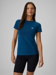 4F T-shirt slim gładki damski - turkusowy S. Niebieskie t-shirty damskie 4F, s, bez wzorów, z bawełny, klasyczne, bez kołnierzyka, bez ramiączek. Za 39.99 zł.