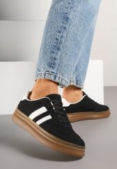 Czarne Sneakersy Tenisówki Ozdobione Paskami i Perforacją Jenadira. Czarne trampki i tenisówki damskie Renee, bez wzorów, z jeansu, bez zapięcia. Za 74.99 zł.