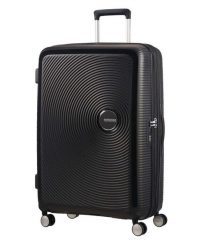Walizka turystyczna Soundbox Spinner 77 TSA EXP 97L. Czarne walizki damskie American Tourister, bez wzorów, z materiału. Za 689.99 zł.