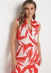 Biało-Czerwona Bluzka Top z Kopertowym Dekoltem w Abstrakcyjny Print Lumiana. Czerwone bluzki damskie Born2be, l, bez wzorów, z materiału, eleganckie, bez kołnierzyka, bez ramiączek. Za 79.99 zł.