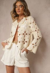 Beżowa Bawełniana Koszula w Stylu Boho z Ażurowej Tkaniny Baniria. Brązowe koszule damskie Renee, w ażurowe wzory, z bawełny, boho, bez kołnierzyka, bez ramiączek. Za 99.99 zł.