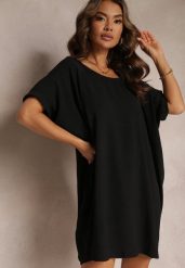 Czarna Sukienka Mini o Fasonie Nietoperza z Okrągłym Dekoltem Maglia. Czarne sukienki damskie Renee, m, bez wzorów, bez kołnierzyka, bez ramiączek, mini. Za 64.99 zł.