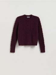 Sweter z dodatkiem wełny - ciemnofioletowy. Fioletowe swetry nierozpinane damskie Reserved, l, bez wzorów, z dzianiny, bez kołnierzyka, bez ramiączek. Za 119.99 zł.