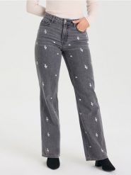 Jeansy wide leg high waist z kwiatowym haftem - szary. Szare jeansy damskie Sinsay, bez wzorów, z jeansu, z podwyższonym stanem. Za 79.99 zł.