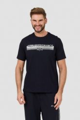ARMANI EXCHANGE Granatowy t-shirt ze srebrnym logo. Niebieskie t-shirty męskie Armani Exchange, l, bez wzorów, bez kołnierzyka, bez ramiączek. W wyprzedaży za 228.99 zł.