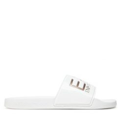 Klapki EA7 Emporio Armani. Białe klapki damskie EA7 Emporio Armani, bez wzorów, bez obcasa, bez zapięcia. Za 149.99 zł.