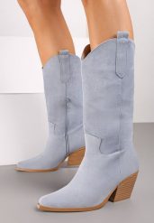 Niebieskie Kozaki na Stożku w Stylu Kowbojek Naures. Niebieskie kozaki damskie Renee, bez wzorów, bez obcasa, na obcasie, bez zapięcia. Za 129.99 zł.