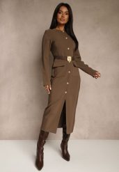 Brązowa Taliowana Sukienka z Eleganckimi Guzikami i Metaliczną Klamrą Espedia. Brązowe sukienki damskie Renee, do pracy, l, bez wzorów, biznesowe, bez kołnierzyka, bez ramiączek, maxi. Za 169.99 zł.