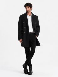 Męski dwurzędowy płaszcz z ozdobnymi guzikami – czarny V2 OM-COWC-0109 - XXL. Czarne płaszcze męskie Ombre Clothing, l, bez wzorów, z materiału, eleganckie, bez kołnierzyka, bez kaptura. Za 299.99 zł.
