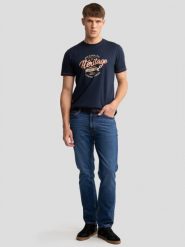 Koszulka męska z nadrukiem granatowa Jaman 403. Niebieskie t-shirty męskie BIG STAR, l, bez wzorów, z bawełny, bez kołnierzyka, bez ramiączek. W wyprzedaży za 39.99 zł.
