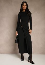 Czarna Elegancka Sukienka Zdobiona Marszczeniem i Metaliczną Aplikacją Raselia. Czarne sukienki damskie Renee, na imprezę, l, z aplikacjami, eleganckie, bez kołnierzyka, bez ramiączek, maxi. Za 159.99 zł.