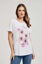 T-shirt z printem i napisem biały. Białe t-shirty damskie MOODO, xs, bez wzorów, bez kołnierzyka, bez ramiączek. W wyprzedaży za 22.49 zł.