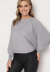 Szary Sweter z Wiskozą Typu Nietoperz Sallindria. Szare swetry nierozpinane damskie Born2be, m, bez wzorów, z jeansu, eleganckie, bez kołnierzyka, bez ramiączek. Za 64.99 zł.