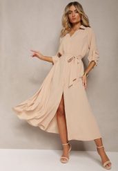 Beżowa Casualowa Sukienka Koszulowa na Guziki z Kieszeniami Jezebel. Brązowe sukienki damskie Renee, na spotkanie biznesowe, l, bez wzorów, eleganckie, bez kołnierzyka, bez ramiączek, maxi, koszulowe. Za 119.99 zł.