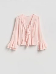 Koszula z falbanami - pastelowy róż. Czerwone koszule damskie Reserved, l, bez wzorów, z bawełny, bez kołnierzyka, bez ramiączek. Za 139.99 zł.