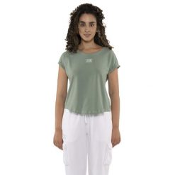 Koszulka z bawełna na co dzień na siłownię. Zielone bluzki damskie LEONE 1947 APPAREL, bez wzorów, z bawełny, sportowe, bez kołnierzyka, bez ramiączek. W wyprzedaży za 82.10 zł.