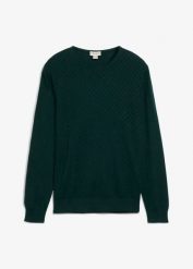 Cienki sweter z wysokogatunkową wełną merino. Niebieskie swetry męskie bonprix, m, bez wzorów, z bawełny, bez kołnierzyka, bez ramiączek. Za 127.99 zł.