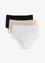 Koronkowe figi z wysokim stanem (3 pary). Czarne majtki damskie bonprix, z koronki. Za 79.99 zł.