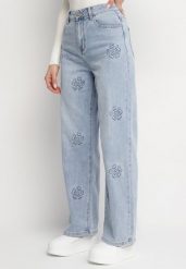 Niebieskie Jeansy o Szerokim Kroju z Wysokim Stanem i Printem w Kwiaty Neledia. Niebieskie jeansy damskie Born2be, z aplikacjami, z jeansu, eleganckie, z podwyższonym stanem. Za 99.99 zł.