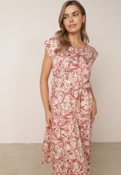 Różowa Wiskozowa Sukienka Pudełkowa z Paskiem i Geometrycznym Motywem Katanie. Czerwone sukienki damskie Born2be, m, bez wzorów, z tkaniny, eleganckie, bez kołnierzyka, bez ramiączek, midi. Za 89.99 zł.