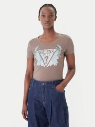 Guess T-Shirt W6GI12 K3027 Brązowy Regular Fit. Brązowe t-shirty damskie Guess, s, z aplikacjami, z bawełny, bez kołnierzyka, bez ramiączek. Za 194.99 zł.