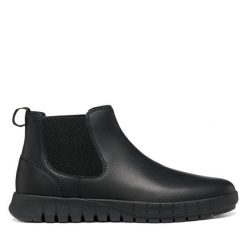 Sztyblety Geox. Czarne botki męskie Geox, bez wzorów, bez obcasa, bez zapięcia. Za 499.99 zł.