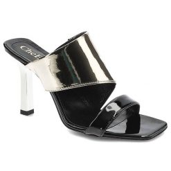 Klapki damskie Chebello, ze skóry naturalnej licowej lakierowanej z szerokim metalicznym paskiem na przodzie dodatkowym wąskim paskiem przy palcach i. Czarne klapki damskie CheBello, z aplikacjami, z lakierowanej skóry, eleganckie, bez obcasa, na obcasie, bez zapięcia. Za 259.00 zł.