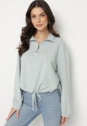 Niebieska Bluza z Bawełną i Suwakiem Ściągana Sznurkami Felasa. Niebieskie bluzy damskie Born2be, na wiosnę, l, bez wzorów, z bawełny, casualowe, bez ramiączek, bez kaptura. Za 59.99 zł.