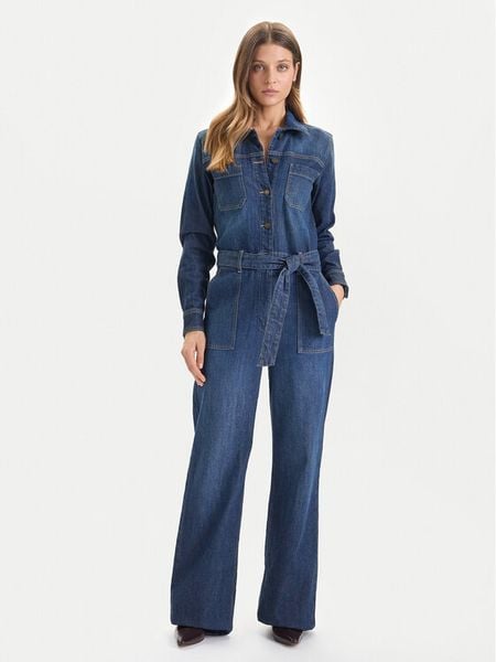 Guess Jeans Kombinezon W5BD97 D0026 Granatowy Wide Leg. Niebieskie sukienki damskie Guess Jeans, z aplikacjami, z bawełny, bez kołnierzyka, bez ramiączek. Za 449.99 zł.