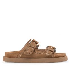 Klapki Eva Minge. Brązowe klapki damskie Eva Minge, bez wzorów, bez obcasa, bez zapięcia. Za 399.99 zł.