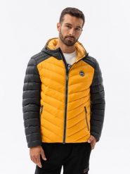 Nylonowa dwukolorowa pikowana kurtka męska w stylu sportowym – musztardowa V3. Kurtki męskie Ombre Clothing, m, z aplikacjami, z materiału, sportowe, bez kaptura. W wyprzedaży za 79.99 zł.