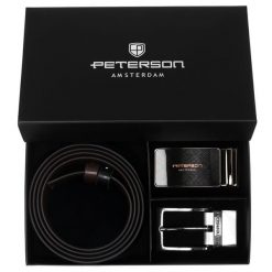 Zestaw prezentowy: dwustronny pasek skórzany w brązowym i czarnym kolorze z dwoma wymiennymi klamrami Peterson PTN KL-B001S001. Brązowe paski męskie Peterson, ze skóry, eleganckie. Za 139.99 zł.