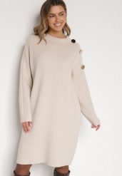 Beżowa Sweterkowa Sukienka Pudełkowa Ozdobiona z Boku Guzikami Tustina. Brązowe sukienki damskie Born2be, na co dzień, l, bez wzorów, z dzianiny, eleganckie, bez kołnierzyka, bez ramiączek, proste. Za 119.99 zł.