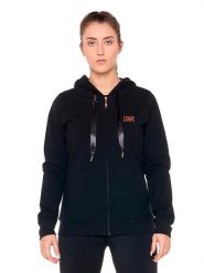 Zimowa damska bluza z kapturem zapinana na zamek „Authentic Gold”. Czarne bluzy damskie LEONE 1947 APPAREL, na zimę, xs, bez wzorów, z bawełny, bez ramiączek, z kapturem. Za 357.85 zł.