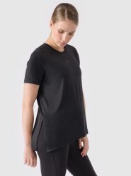 4F Koszulka treningowa ciążowa szybkoschnąca damska - czarna 3XL. Czarne bluzki damskie 4F, l, bez wzorów, z dzianiny, klasyczne, bez kołnierzyka, moda ciążowa, bez ramiączek. W wyprzedaży za 59.99 zł.